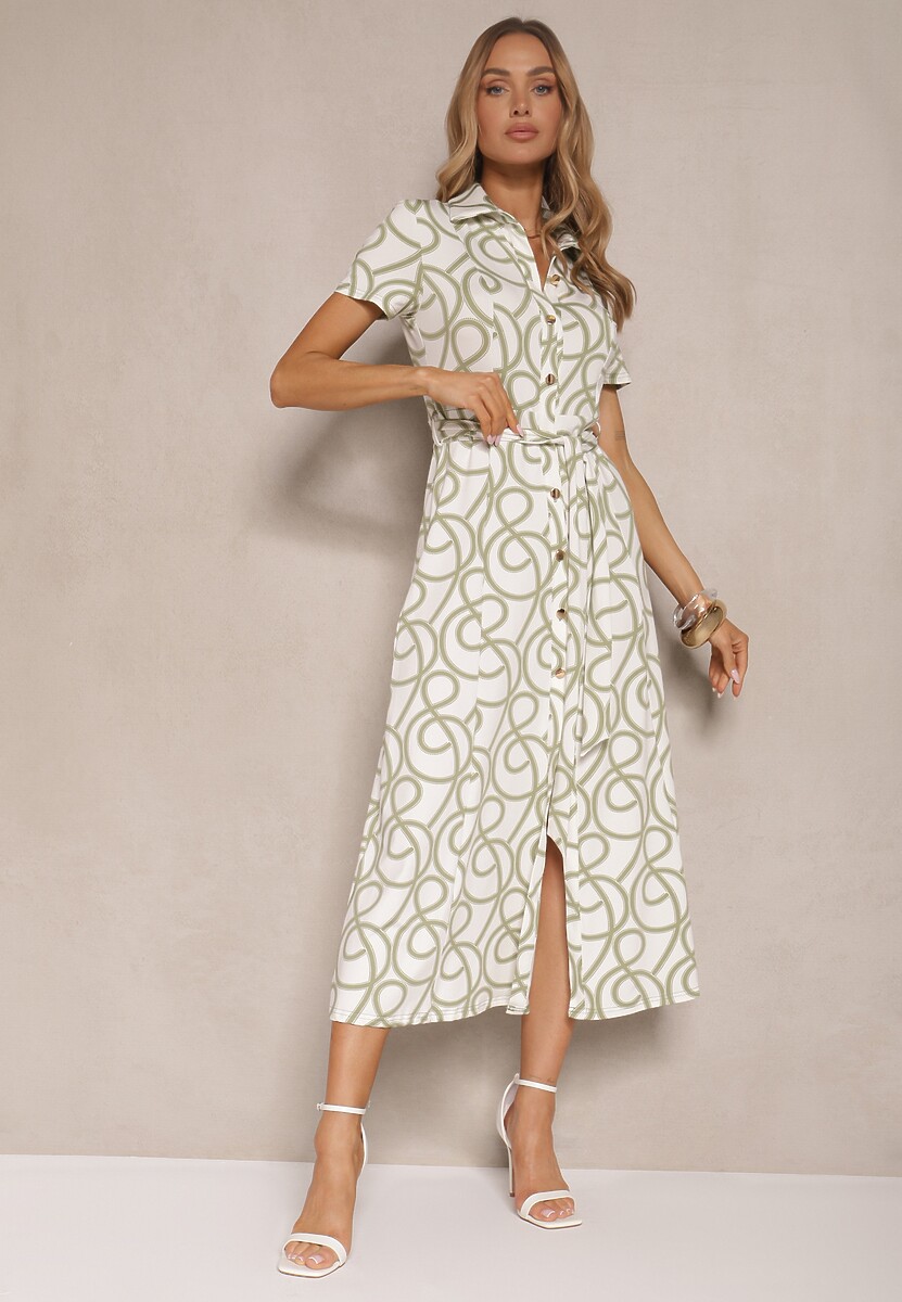 Zielona Sukienka z Wiskozą o Koszulowym Kroju z Geometrycznym Wzorem Saravione