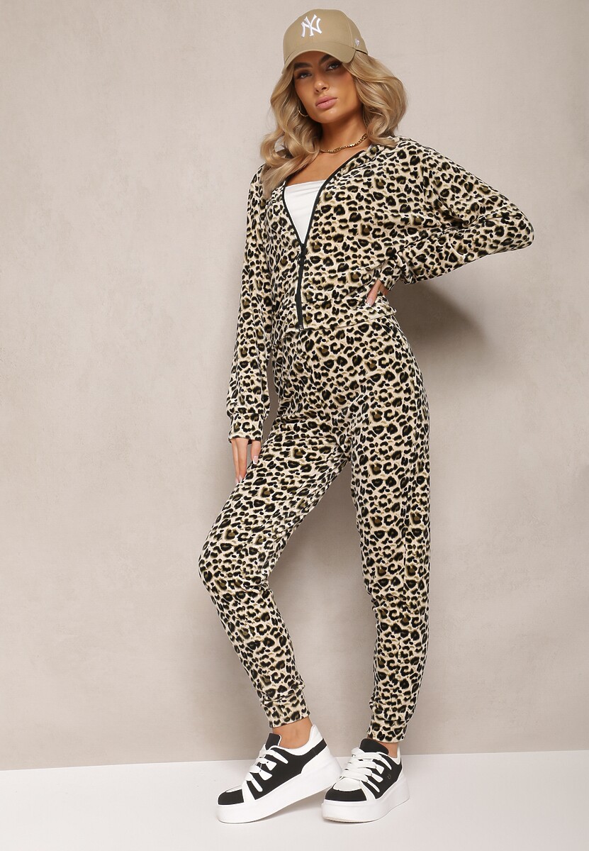 Zielono-Beżowy  Welurowy Komplet Dresowy w Panterkowy Wzór Arvile