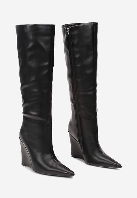 Czarne Kozaki przed Kolano na Koturnie ze Szpiczastym Noskiem Seluid