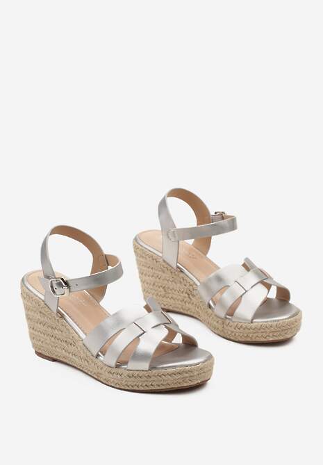 Srebrne Sandały na Koturnie z Przeplatanymi Paseczkami i Plecionką Pearlina