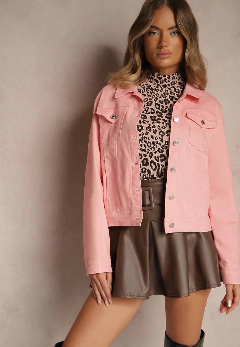 Różowa Jeansowa Kurtka z Bawełny z Guzikami i Kieszeniami Ainztia