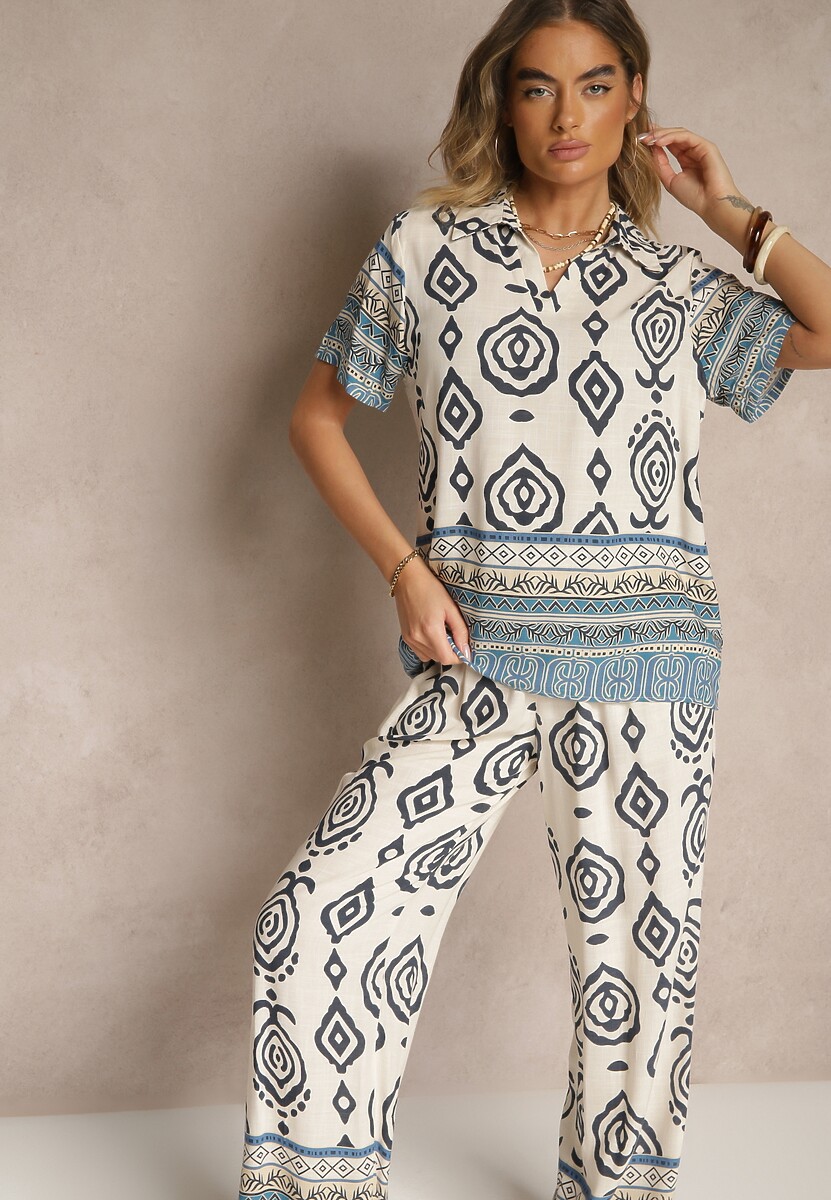 Niebieski Komplet z Wiskozy Luźne Spodnie i Bluzka w Print Boho Ralkio