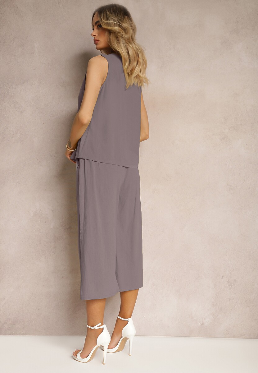 Szary 2-Częściowy Komplet z Bawełny Luźny Top i Szerokie Spodnie Nezara