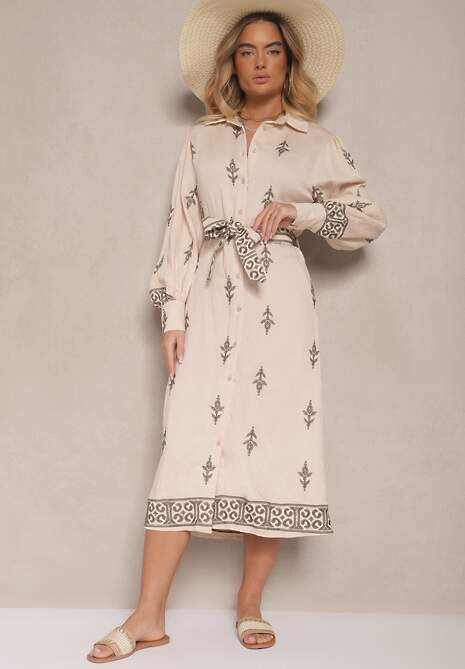 Beżowa Koszulowa Sukienka w Stylu Szmizjerki z Wiskozy Wiązana w Talii Telaniwena