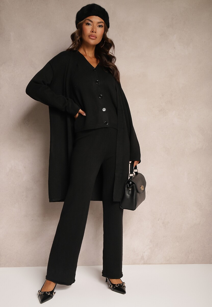 Beżowy Komplet Dzianinowy z Wełną Spodnie Długi Kardigan i Top na Guziki Dailith