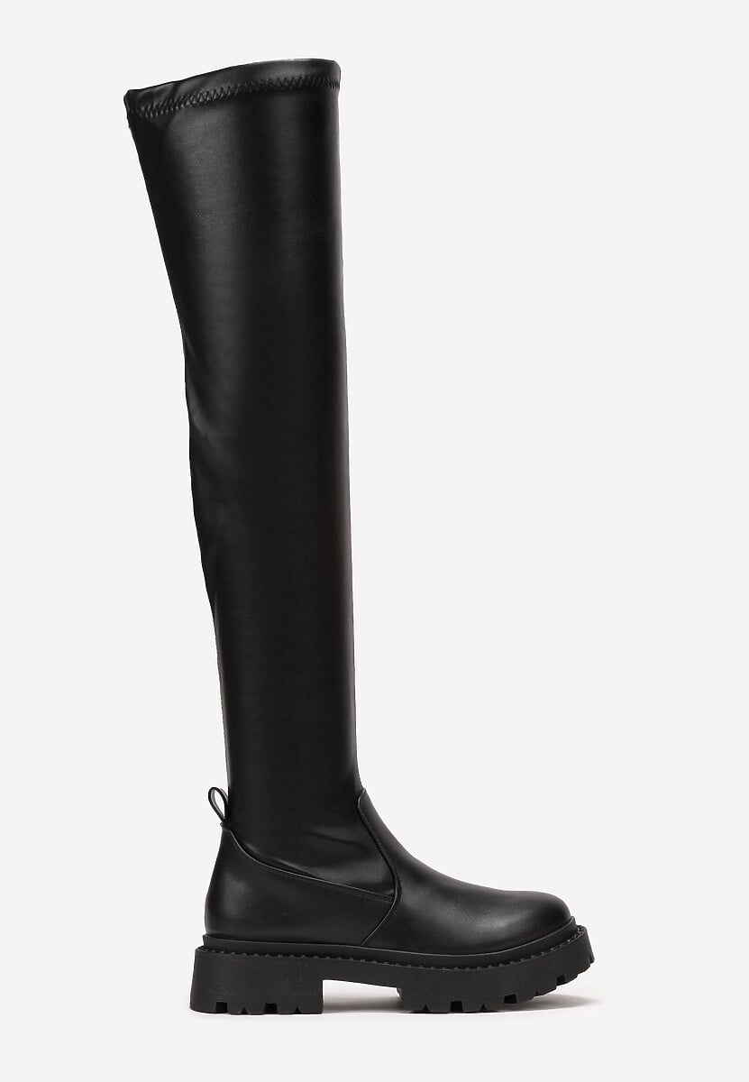 Czarne Kozaki za Kolano na Grubej Podeszwie Dolce