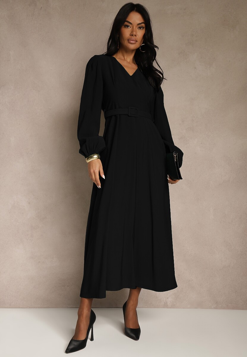 Czarna Rozkloszowana Sukienka z Wiskozy z Paskiem ze Sprzączką Orille