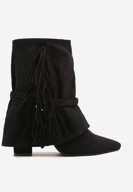 Czarne Botki Boho z Cholewką Imitującą Nogawkę i Frędzlami Zaslie