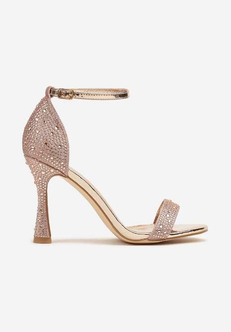 Szampańskie Brokatowe Sandały na Klepsydrowej Szpilce z Drobnymi Cyrkoniami Isoldis