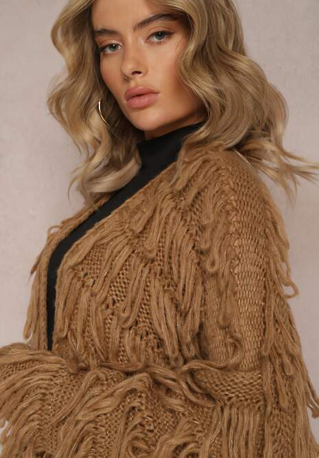 Brązowy Niezapinany Kardigan z Frędzlami Segentri