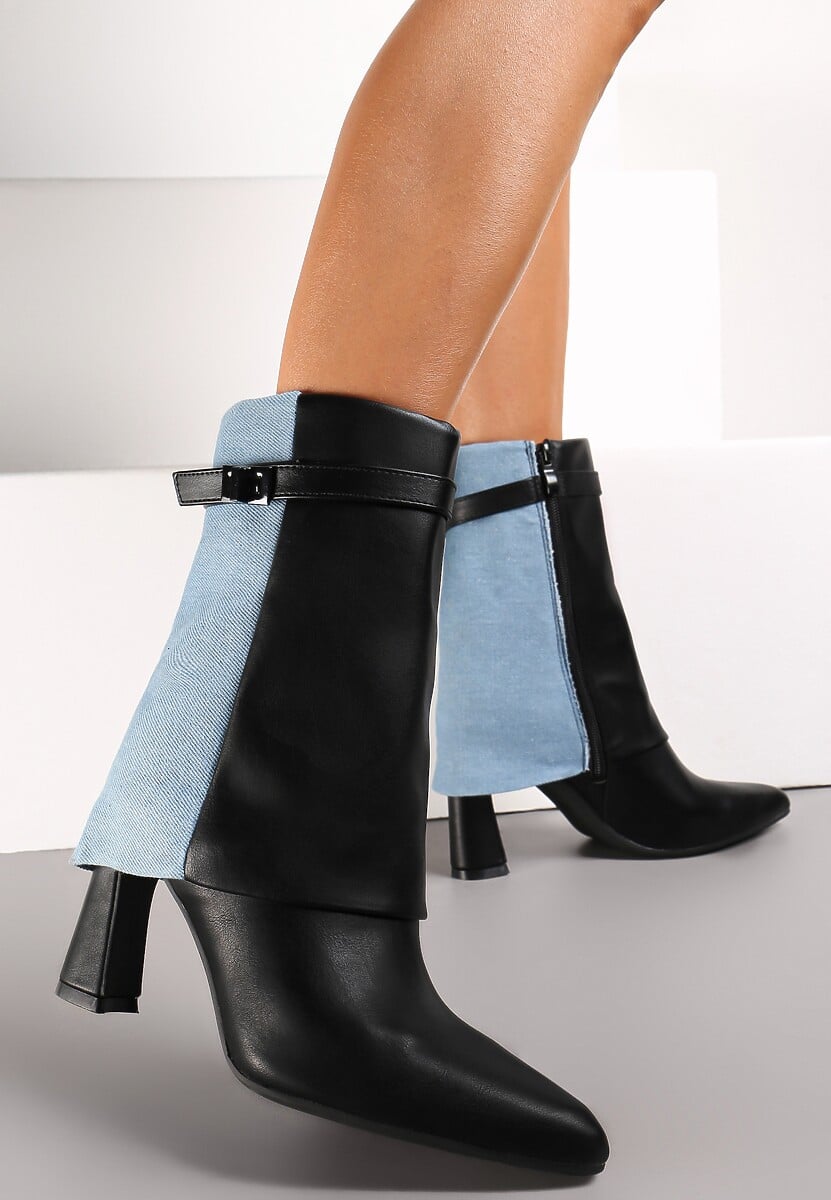 Czarne Botki na Słupku z Ekoskóry i Jeansu Acenda