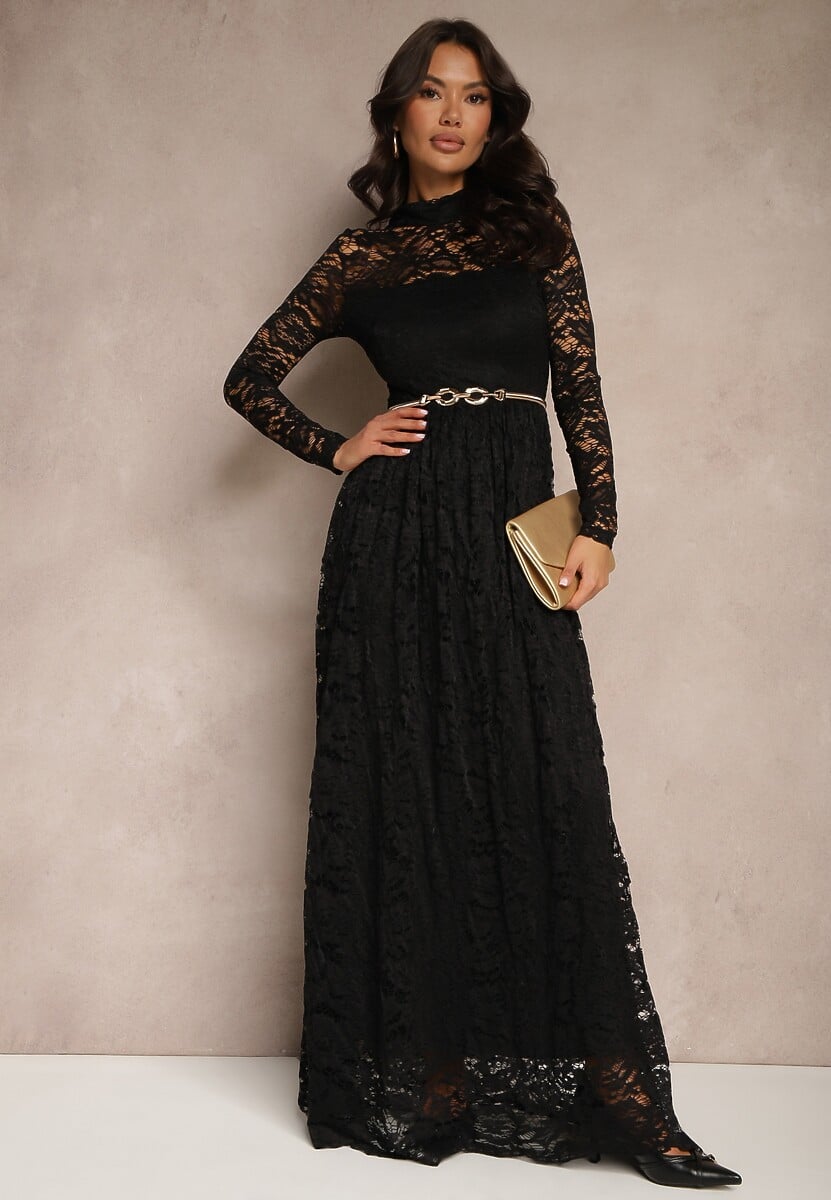 Czarna Koronkowa Sukienka o Rozkloszowanym Kroju ze Stójką i Gumką w Pasie Delidra