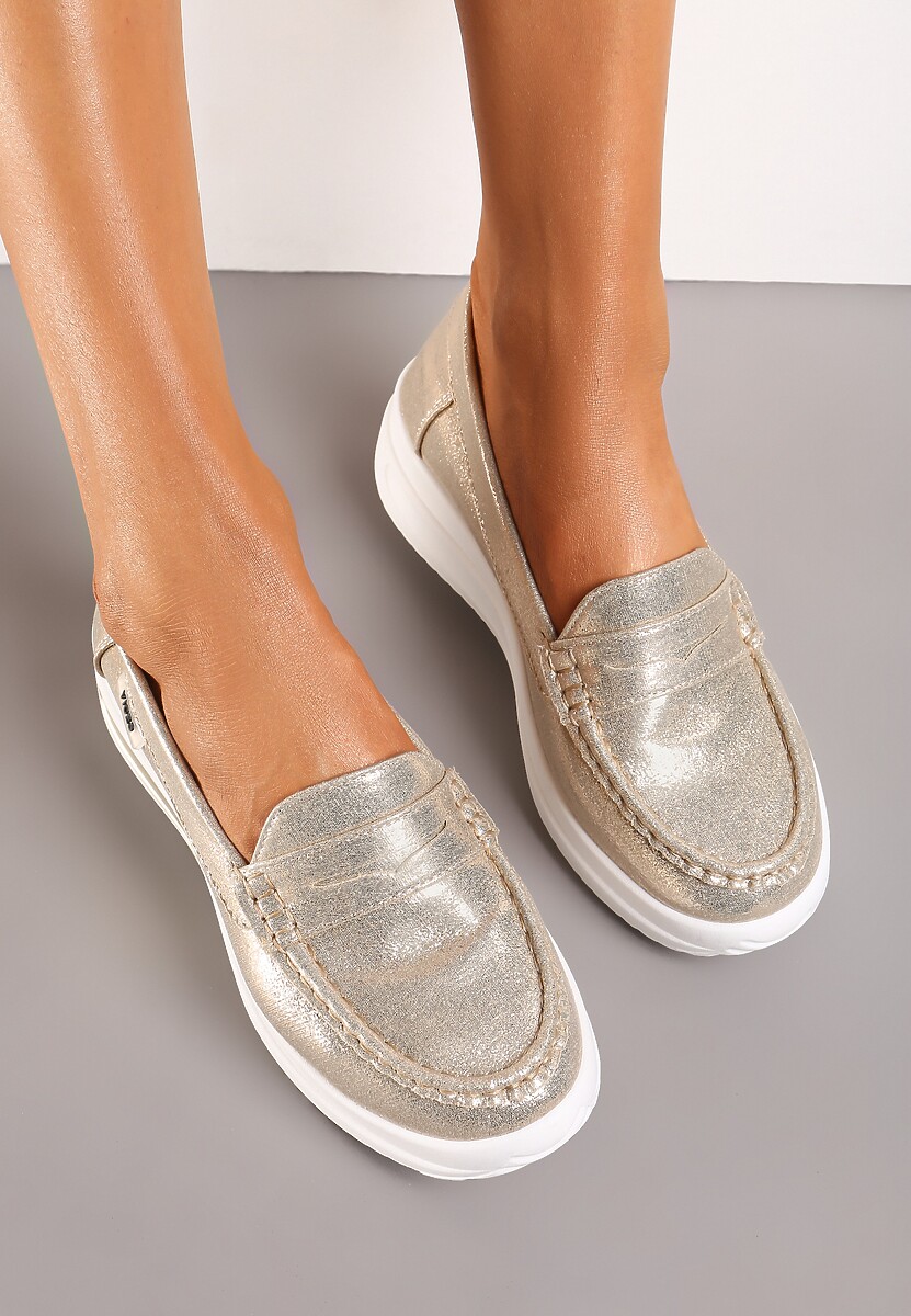 Złote Mokasyny z Ekozamszu na Platformie Ozdobione Paseczkiem Adrancia