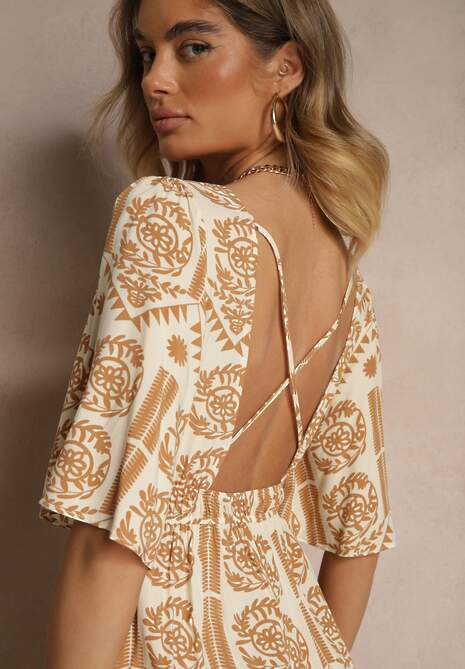 Ciemnobeżowa Sukienka Boho Rozkloszowana z Wiskozy z Odkrytymi Plecami Tuvria