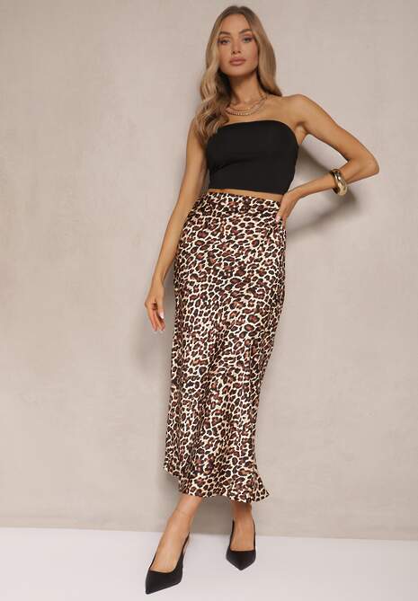 Brązowa Spódnica High Waist ze Zwierzęcym Printem i Gumką w Talii Dimella