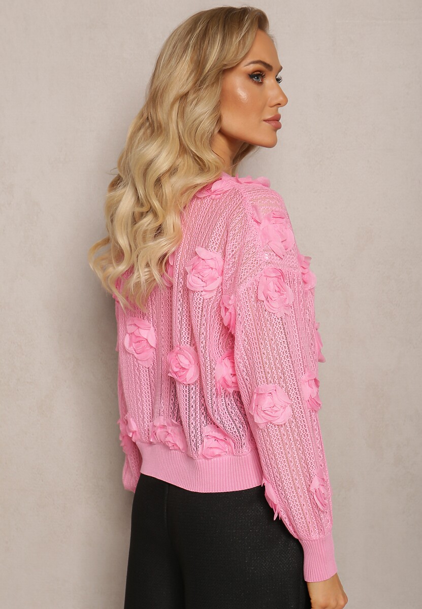 Różowy Kardigan z Ażurowym Zdobieniem w Kwiaty Barimona