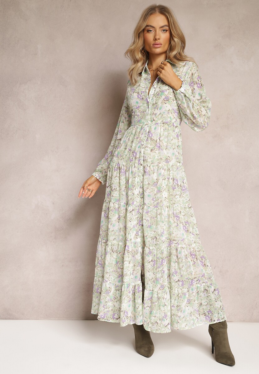 Miętowa Koszulowa Sukienka Maxi w Kwiaty z Falbaną na Dole Nilmisse