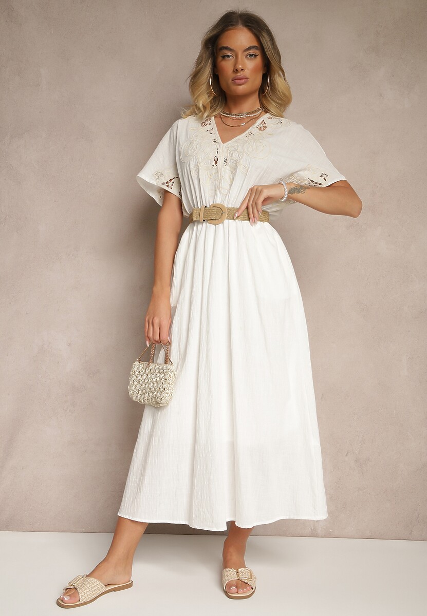 Biała Bawełniana Sukienka w Stylu Boho z Kieszonkami Orrane
