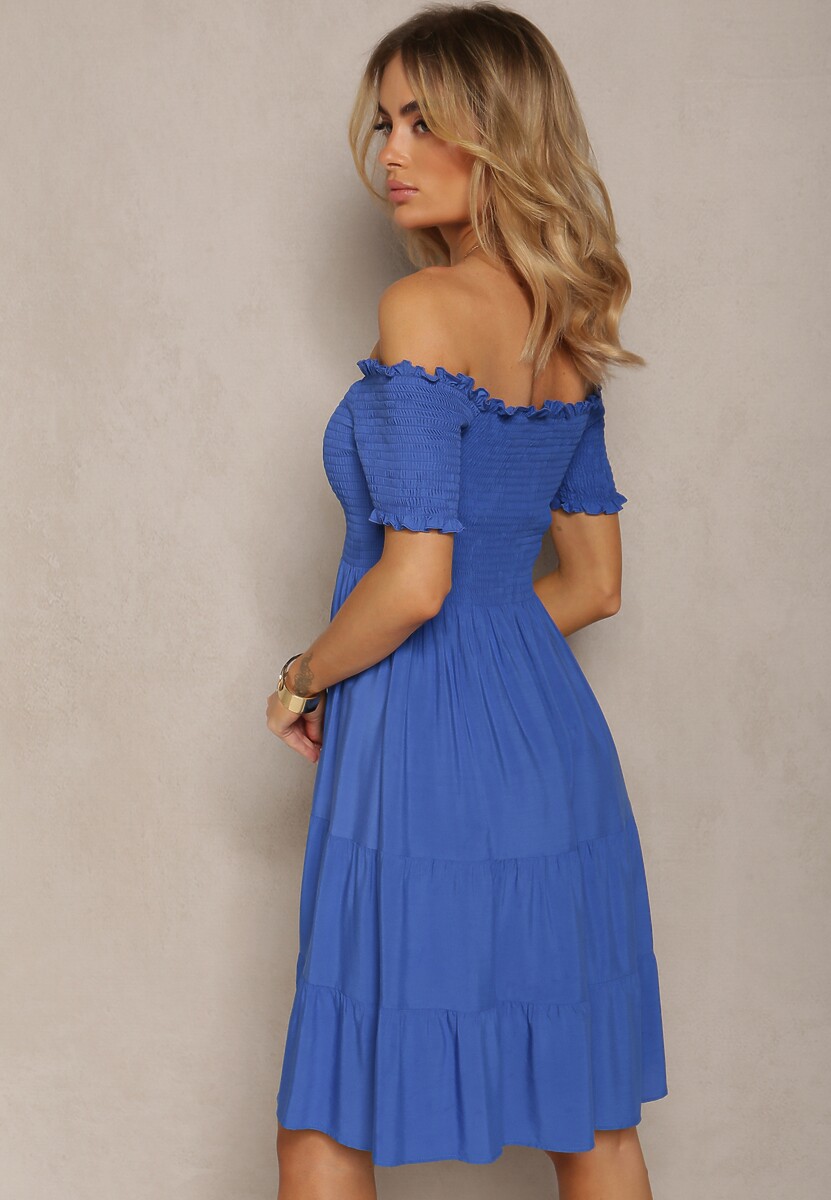 Niebieska Letnia Sukienka z Bawełny o Fasonie Hiszpanki z Rozkloszowanymi Falbanami Lorania