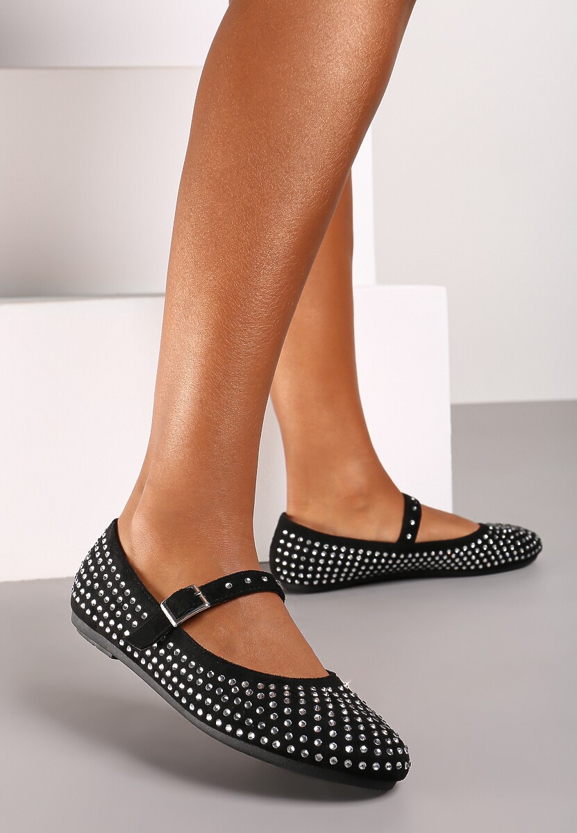 Czarne Balerinki na Płaskiej Podeszwie w Stylu Mary Jane z Cyrkoniami i Ozdobnym Paskiem Ivilra