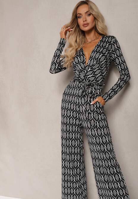 Czarny Taliowany Kombinezon z Szerokimi Nogawkami i Wiązanym Paskiem Acaelia