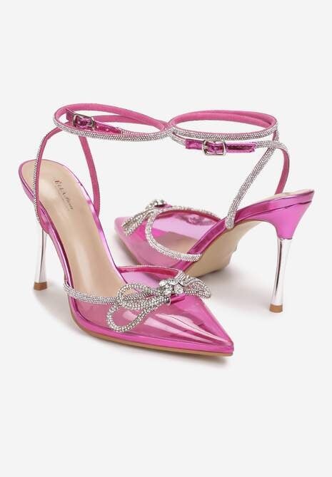 Różowe Transparentne Sandały na Szpilce z Cienkimi Paskami z Cyrkoniami Pepis