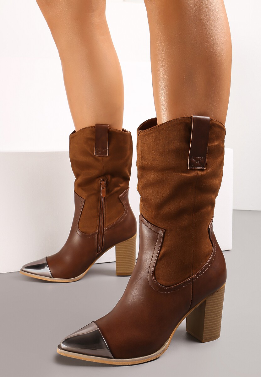 Brązowe Botki Kowbojki na Obcasie z Metalicznym Noskiem w Szpic Cascatha