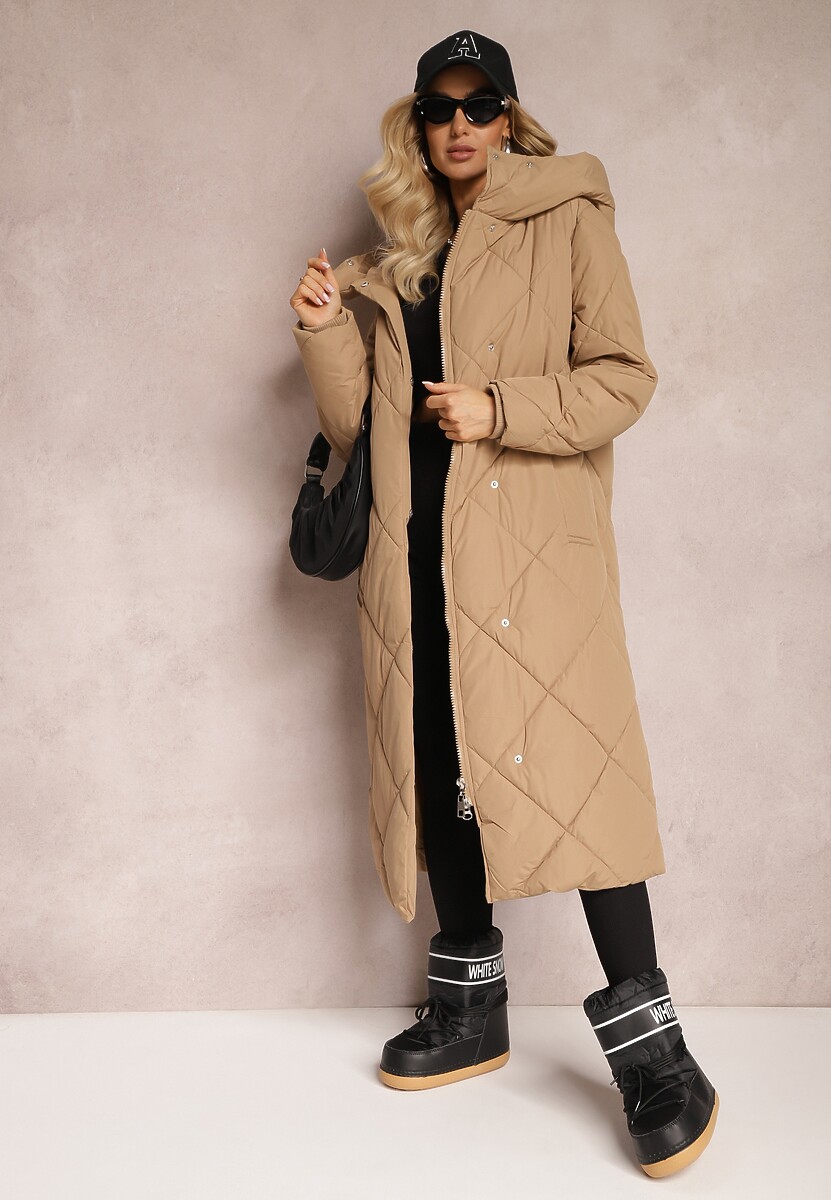 Czarna Pikowana Kurtka Płaszcz za Kolano z Kapturem Kinassan