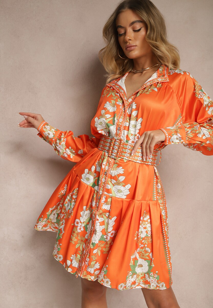 Niebieska Sukienka w Kwiaty o Koszulowym Kroju z Paskiem Alanisia