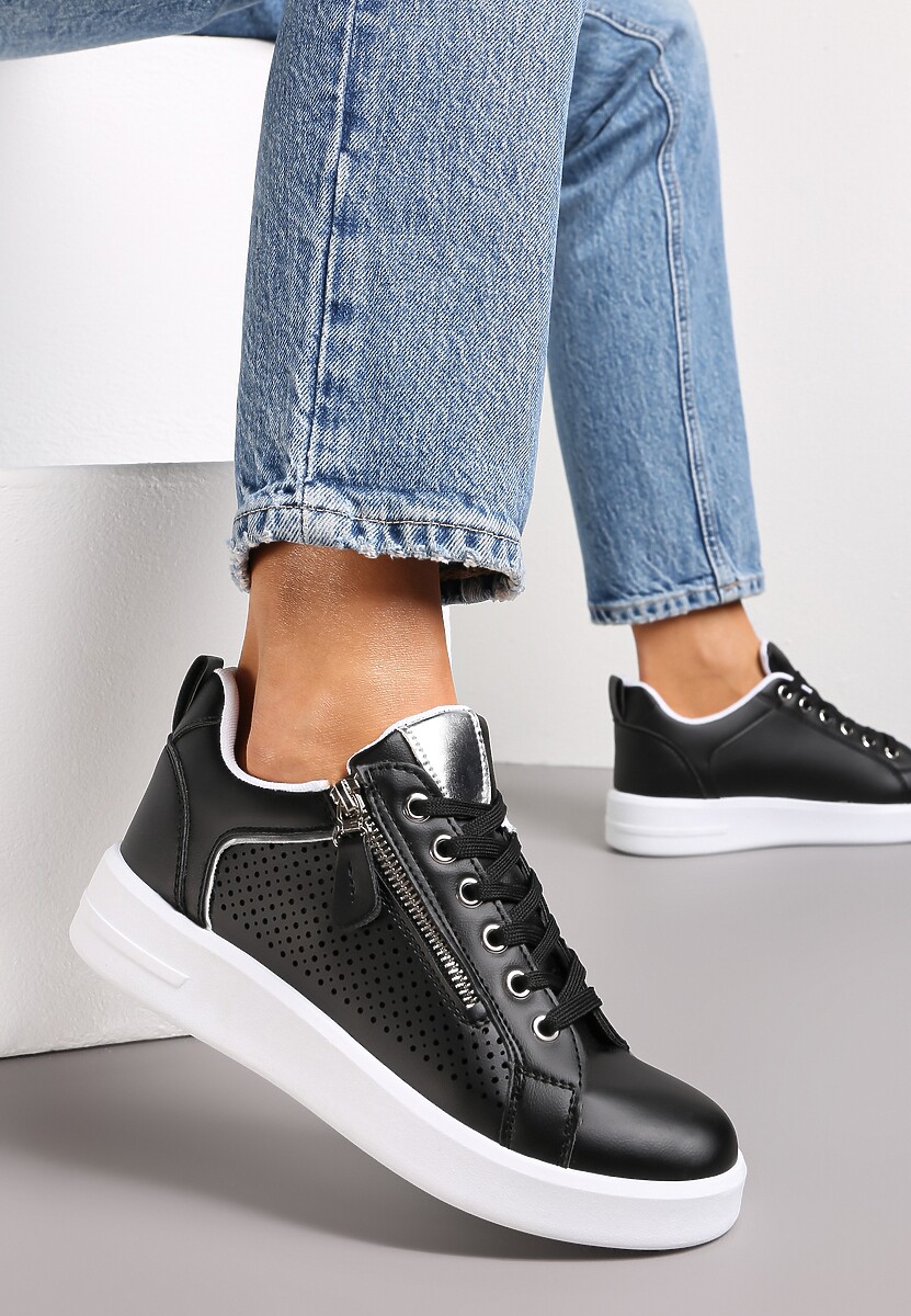 Czarne Sneakersy na Grubej Podeszwie z Cholewką z Perforacją Myranda