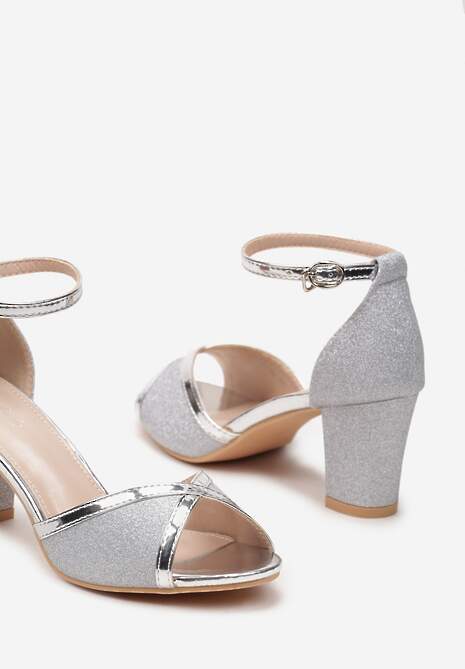 Srebrne Brokatowe Sandały ze Sprzączką na Słupku z Metalicznymi Wstawkami Alpireva