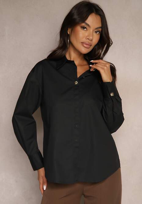 Czarna Koszula z Bawełny z Biżuteryjnymi Guzikami Felinae