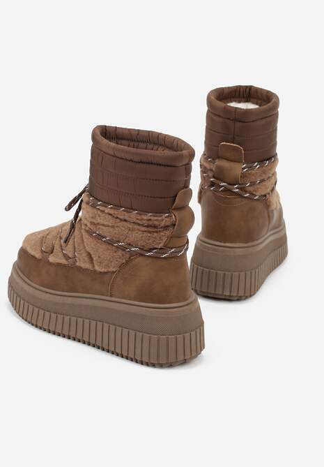 Brązowe Śniegowce na Platformie z Tłoczeniem Ozdobione Futerkiem i Pikowaniem Adallie