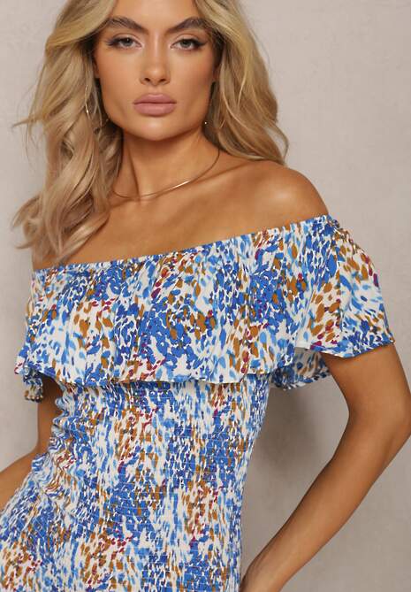 Niebieska Krótka Sukienka z Hiszpańskim Dekoltem z Elastycznej Wiskozy Celestine