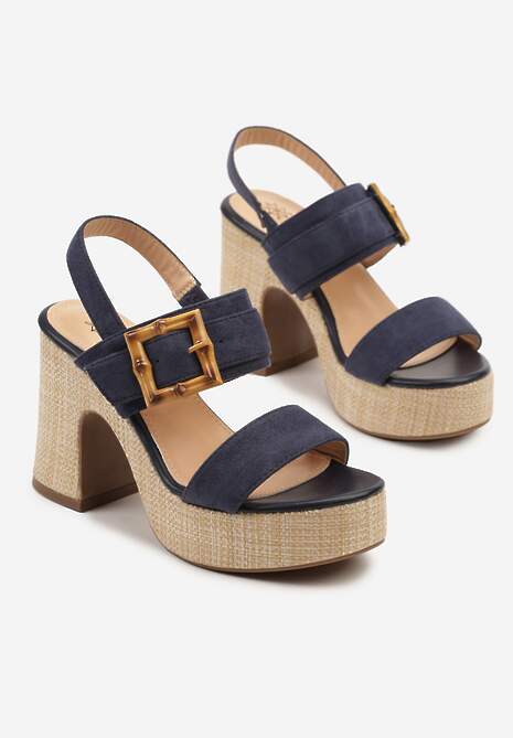 Niebieskie Sandały na Słupku i Platformie Ozdobione Klamrą Clezara