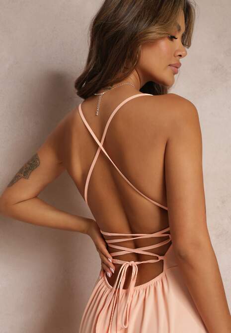 Pomarańczowa Rozkloszowana Maxi Sukienka z Falbankami i Wiązaniem na Tyle Karins