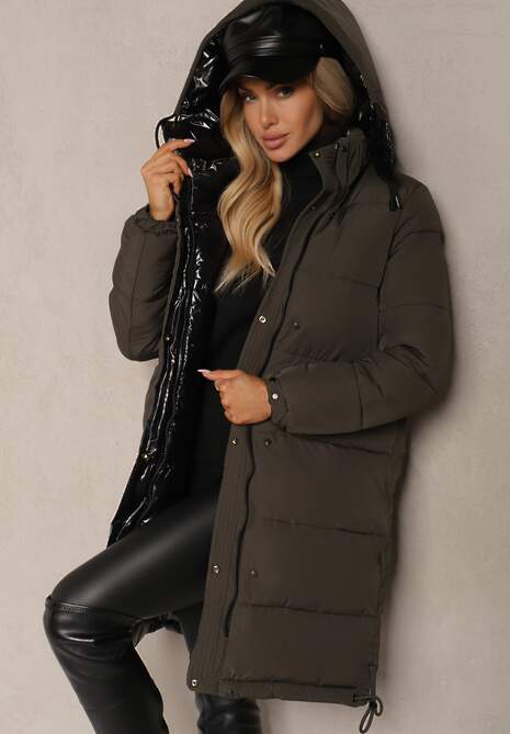 Czarno-Zielona Dwustronna Kurtka Zimowa z Pikowanymi Przeszyciami i Kapturem Valrinna