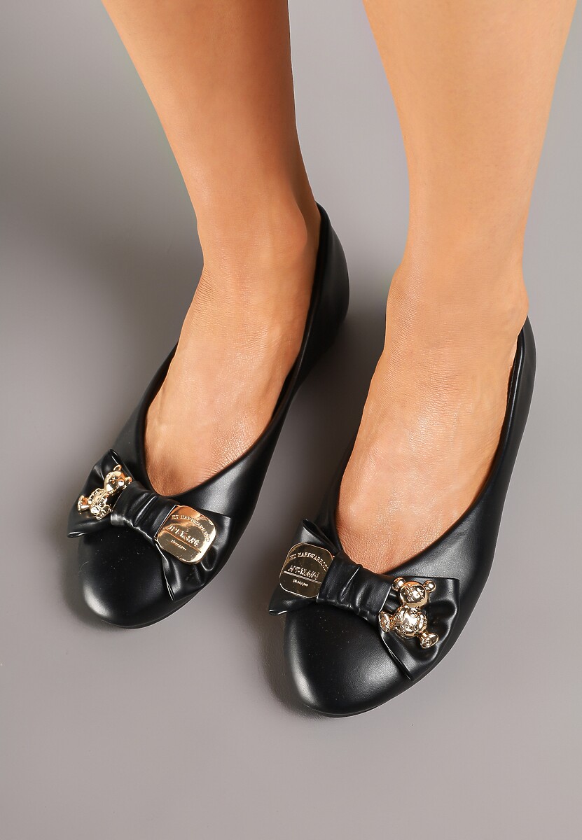 Ciemnobeżowe Płaskie Balerinki Ozdobione Misiem i Kokardą Worevelis