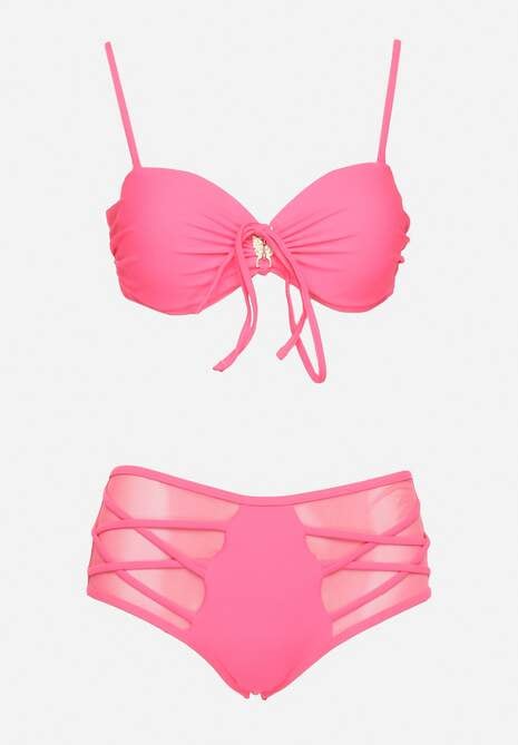 Różowe Bikini Biustonosz i Majtki Figi High Waist z Siateczkowymi Zdobieniami Kinovia