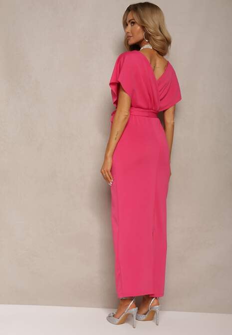 Fuksjowa Sukienka Koktajlowa z Trójkątnym Dekoltem i Materiałowym Paskiem z Rozcięciem Wilni