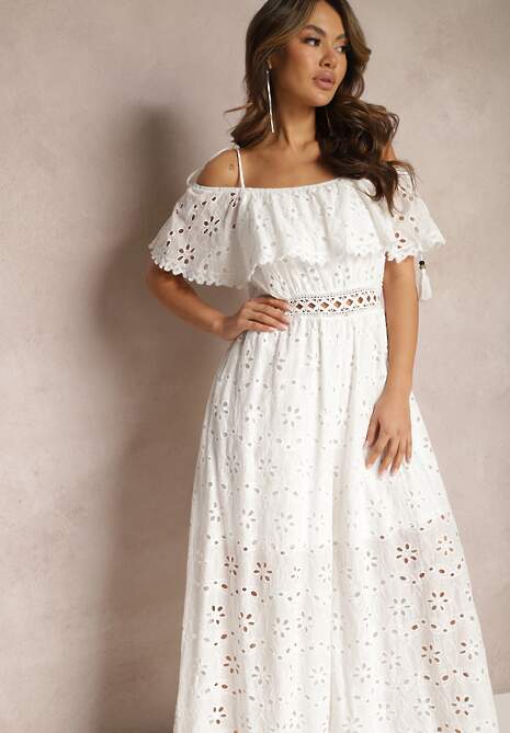 Biały Haftowany Kombinezon na Ramiączkach z Falbanką i Ażurową Wstawką Firlena