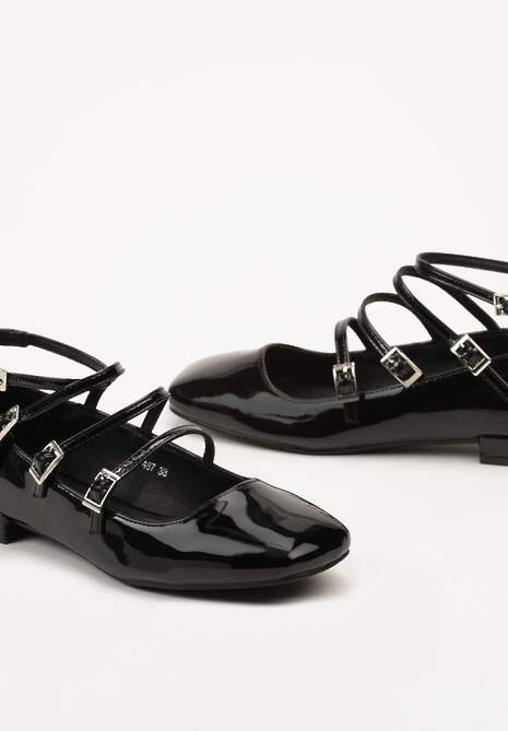 Czarne Balerinki z Paskami Zapinanymi na Sprzączki Prundia