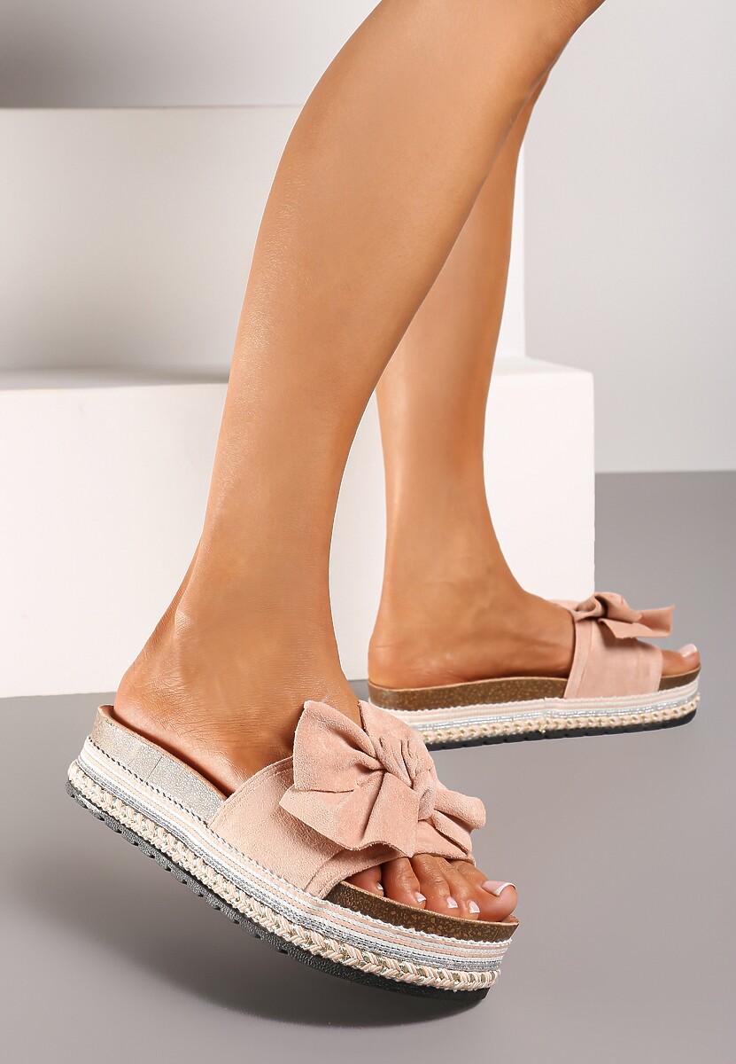 Różowe Casualowe Klapki na Płaskiej Ozdobnej Podeszwie z Kokardką Gladiara