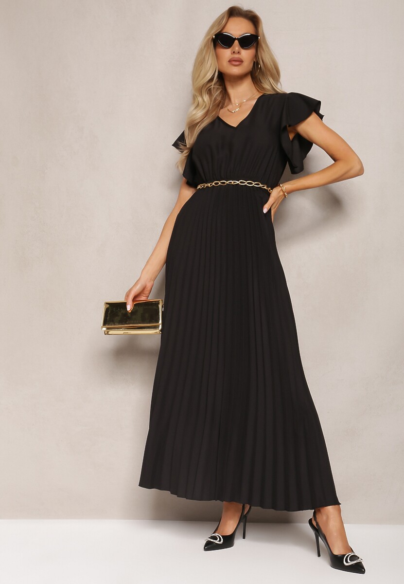 Czarna Rozkloszowana Sukienka z Plisami Maxi z Falbankami przy Ramionach Nethula