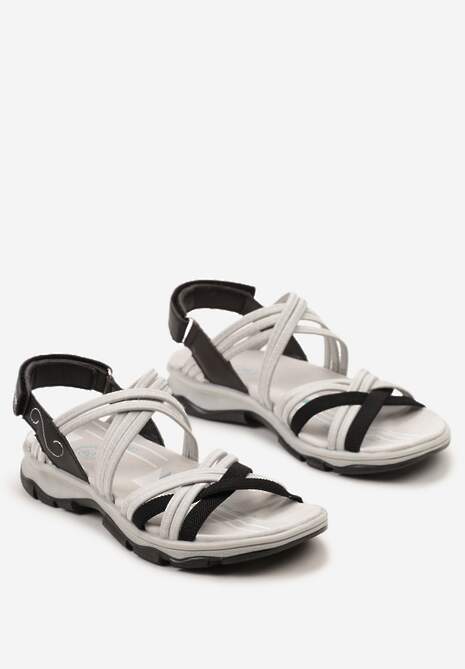 Czarno-Szare Casualowe Sandały na Płaskiej Podeszwie Zapinane na Rzep Wykończone Skórzaną Wkładką Dlines