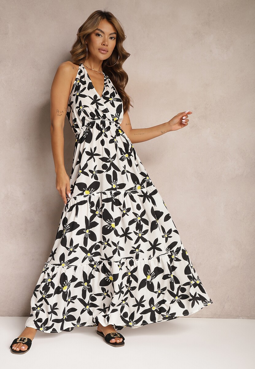 Czarno-Biała Sukienka z Kopertowym Dekoltem i Gumką w Talii Wiązana na Szyi Vikillaia