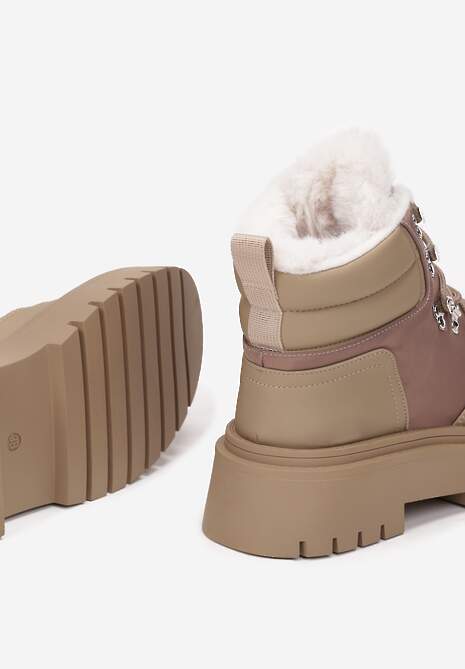 Ciemnobeżowe Traperki Sznurowane z Futerkiem Henna