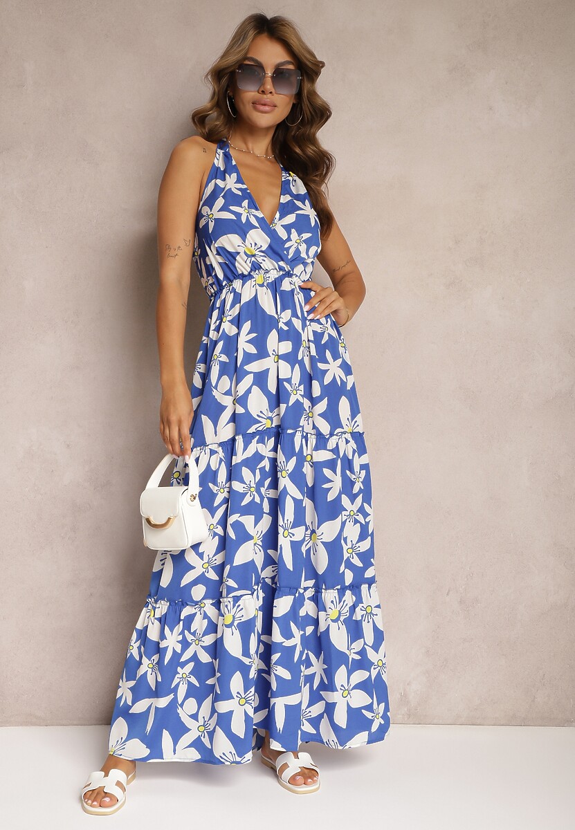 Czarno-Biała Sukienka z Kopertowym Dekoltem i Gumką w Talii Wiązana na Szyi Vikillaia