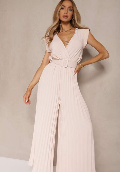 Beżowy Kopertowy Kombinezon Wide Leg Zdobiony Plisami i Paskiem z Klamrą Salirella
