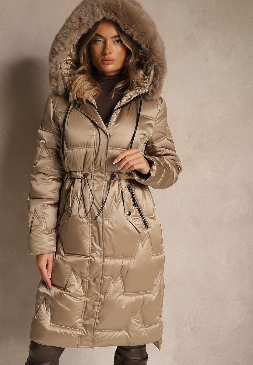 Ciemnobeżowa Długa Kurtka z Pikowanymi Przeszyciami i Kapturem Ściągana w Talii Galeatia